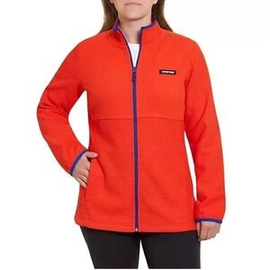 Lands End Jacket Womens M Orange Blue Trim Grid Fleece Full Zip Pockets